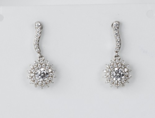 Sterling Silver/CZ Cluster Drop Earrings